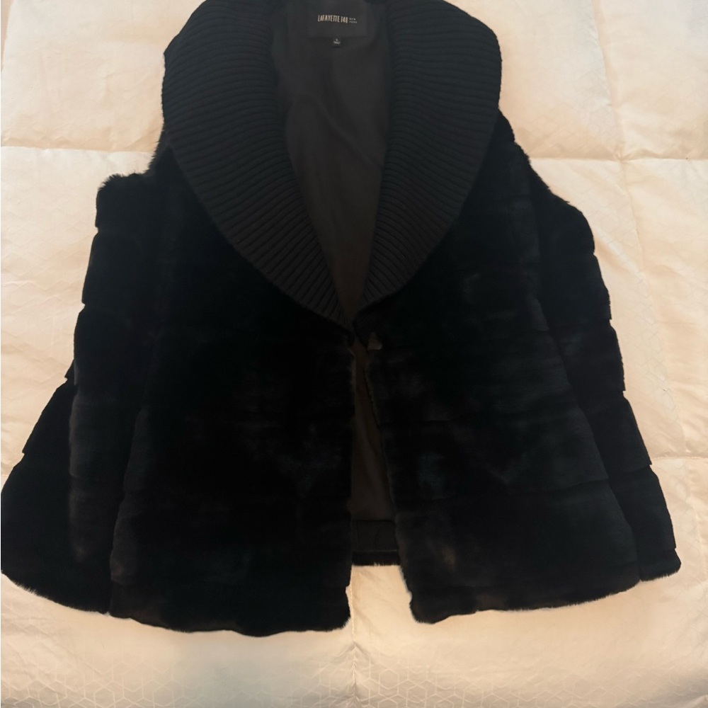 Lafayette 148 Women's Black Faux Fur Vest w Wool Ribbed Collar